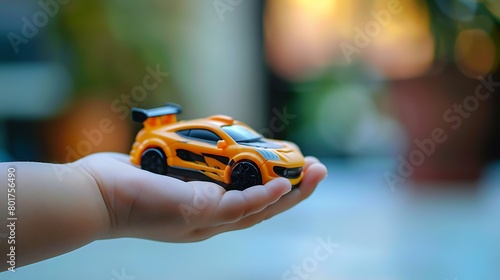 A child's hand holding a remote control for a toy car