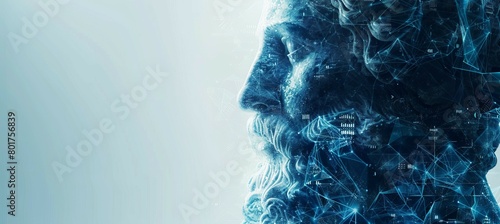Digital ancient Greek philosopher stature with copy space background. Wisdom history education. Generative AI technology. 