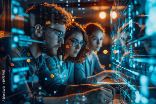 Tech Team Analyzing Data on Futuristic Interface