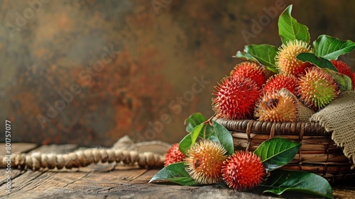Harvested from the garden, fresh and ripe tropical fruit with peels, rambutan fruit on a basket with a wooden background. photo