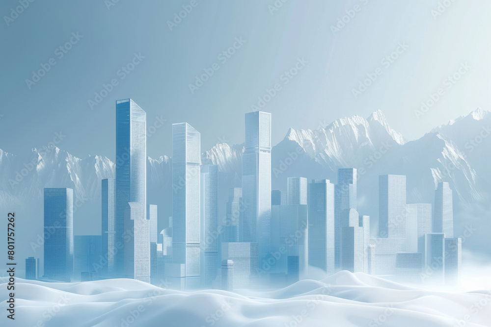 Fototapeta premium Illustrations of city buildings and distant mountains