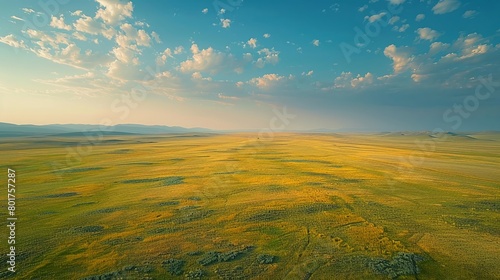 Experience the breathtaking panorama of the Mongolian grasslands from a unique aerial perspective.