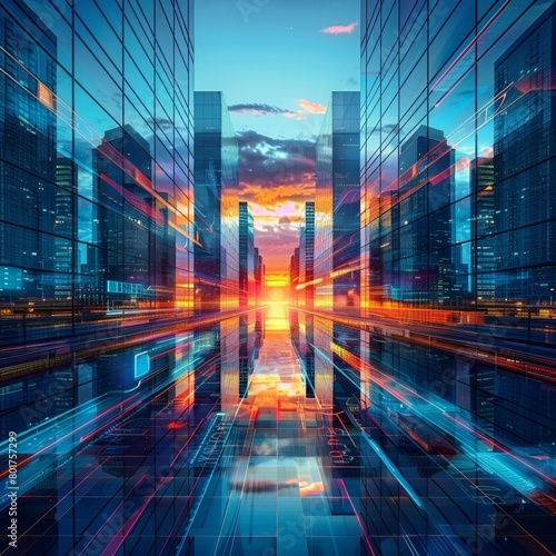 Tall buildings in a modern city during sunrise, advanced technology hub, artistic view of urban landscape and mirroring - Architectural cyan backdrop for professional and commerce pamphlet design