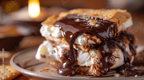 A closeup of a gooey and decadent smore where the melted chocolate is oozing out of the sides and dripping onto the fingertips. photo