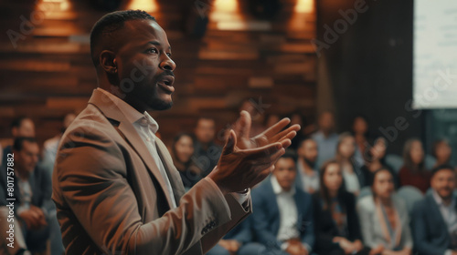 Emotional aframerican business coach giving motivational training for group of businesspeople, speaking from stage in conference room