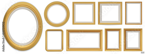 Set of gold modern frame isolated on white background. Realistic rectangle, circle, oval Photo golden frames mockup. Classic Borders set for painting, photo gallery. 3d vector illustration.