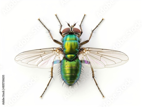 Macro shot of a green fly with detailed wings and iridescent body isolated on white background. © cherezoff