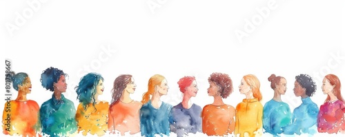 Wallpaper Mural group diverse people standing together in row, wearing colorful clothes. The image is drawn in watercolor style. Torontodigital.ca