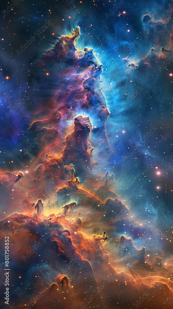 Nebula Glow, An explosion of colorful cosmic dust fills the sky, blending into a vibrant nebula of blues, purples, and reds, capturing the beauty and vastness of the universe.