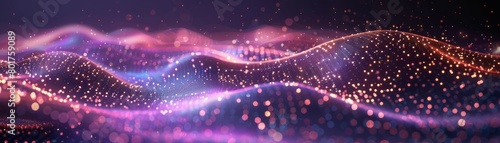 A stream of particles against a purple backdrop, with numerous illuminated particles, creating a technology-themed image. This is a 3D rendering. photo