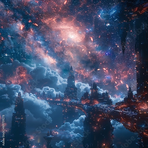 The nebula background complements the futuristic aesthetics of the dystopian paradise setting in the cinematic movie with its dark and technological themes.