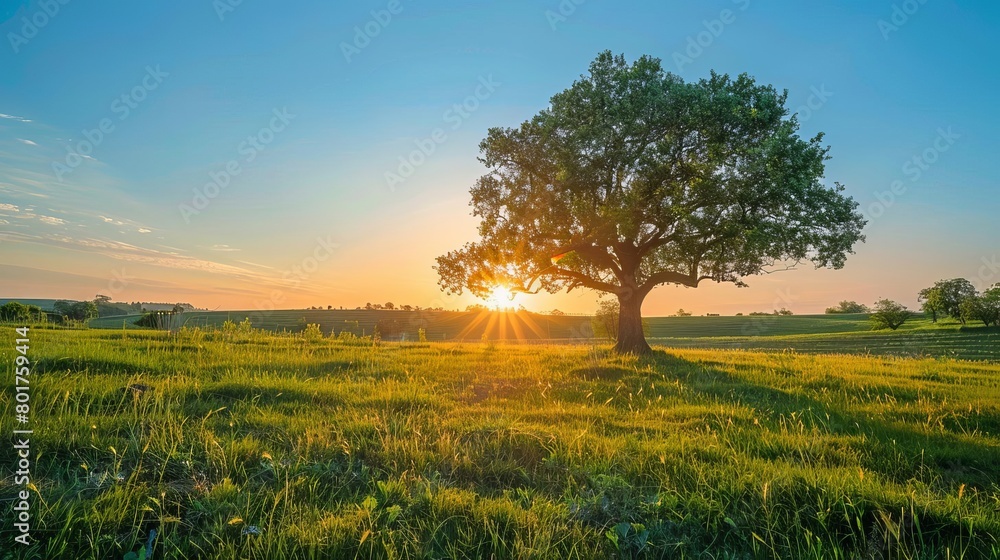 The photo shows a beautiful landscape with a large tree in the foreground, casting a long shadow over the lush green field
