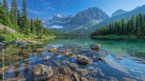 The photo shows a beautiful mountain lake with crystal clear water and snow-capped mountains in the distance