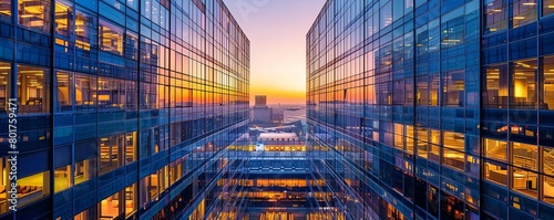 The photo shows a modern glass skyscraper with a blue sky and sun reflecting in the windows. photo
