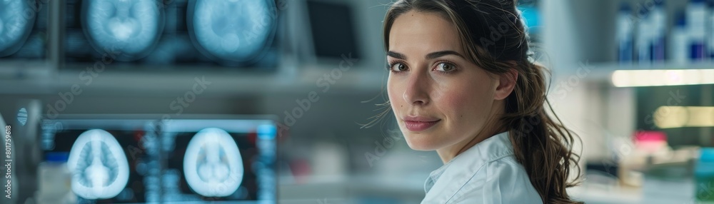 A female healthcare worker is using a computer to analyze medical data in a hospital setting. A female healthcare worker is using a computer to analyze medical data in a hospital setting.