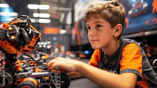 Young boy builds a robot using Mindstorms. photo