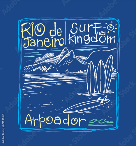 Vector illustration of beach in Rio de Janeiro with surfboards. Drawing in sketch style.