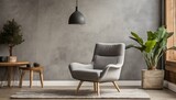 Grey snuggle chair creating a focal point of a modern style living room , stucco wall adds texture and visual interest to the space, the room fostering a relaxed yet fresh and modern atmospher