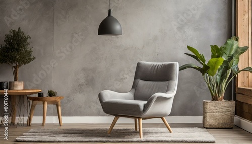 Grey snuggle chair creating a focal point of a modern style living room , stucco wall adds texture and visual interest to the space, the room fostering a relaxed yet fresh and modern atmospher photo