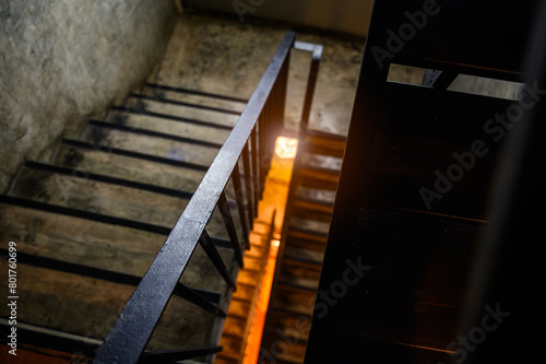 old wooden staircase interior, top view