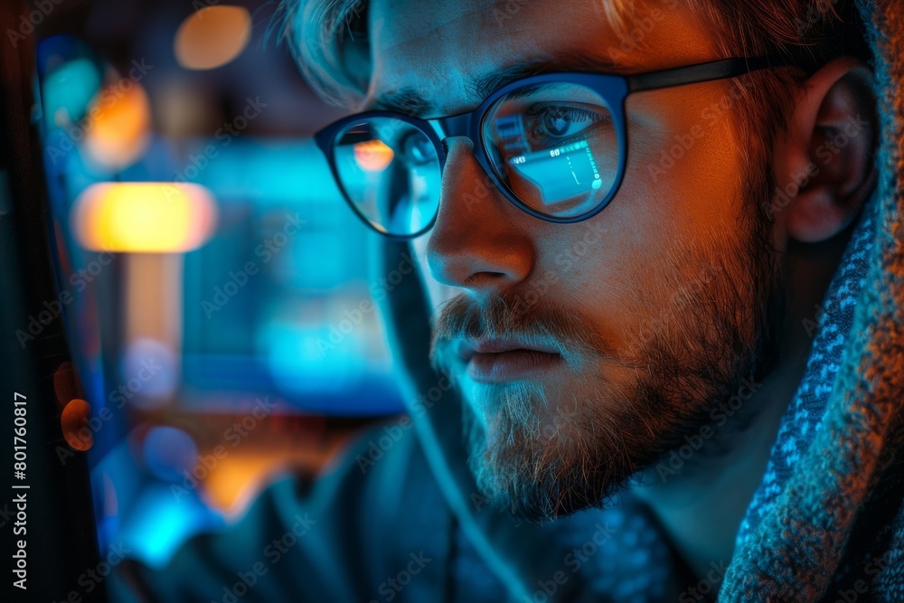 The young programmer is determined to work through the night to meet his deadline. He is shown typing away on his computer in the dimly lit office. The young programmer is determined to work through the night to meet his deadline. He is shown typing away on his computer in the dimly lit office.