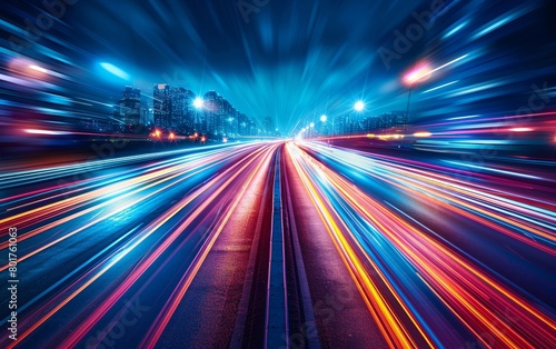 Urban traffic moves swiftly along the highway as the sun sets, capturing the essence of the bustling city in a blur of lights and motion through long exposure photography. © tonstock