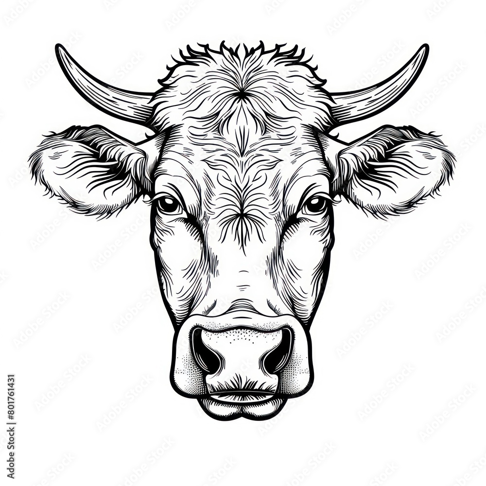 cow head draw line, black and white, white background cow head draw line, black and white, white background