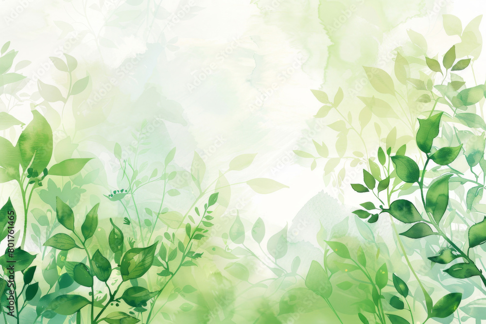 Watercolor spring background with soft pastel colors, delicate floral elements and foliage in various shades of green, white space for text or design, elegant and dreamy composition