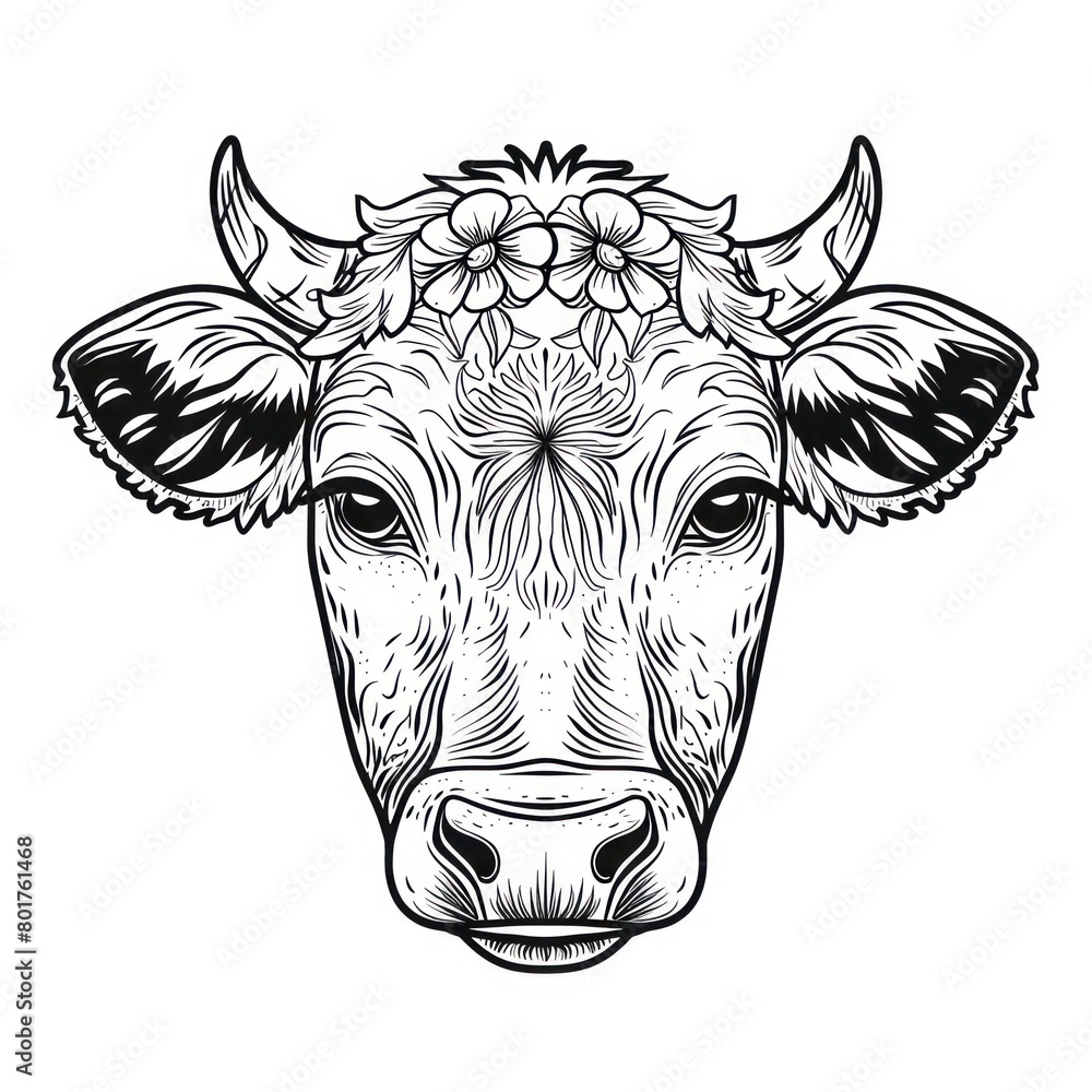 cow head draw line, black and white, white background cow head draw line, black and white, white background