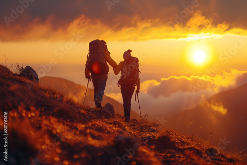 Hiker helping friend reach the mountain with  sunset background