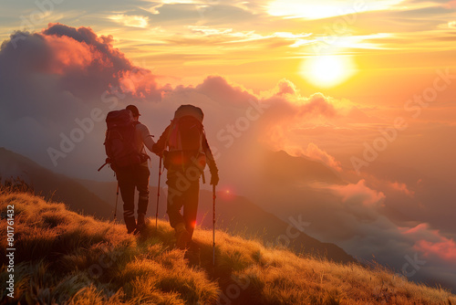 Hiker helping friend reach the mountain with sunset background