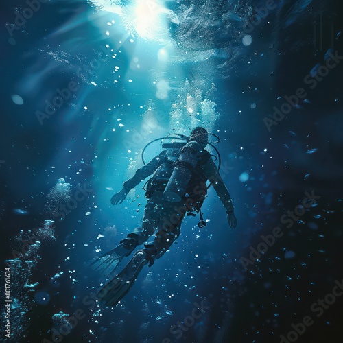  diver in blue deep sea, dark blue water