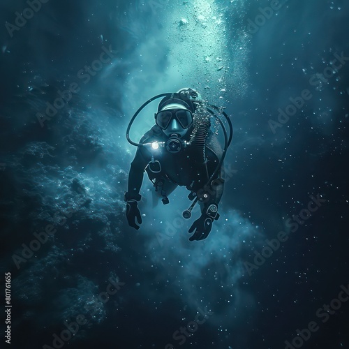  diver in blue deep sea, dark blue water © STOCKYE STUDIO