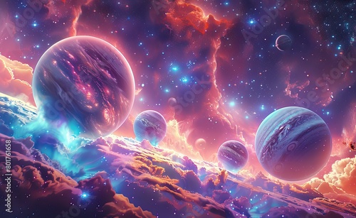 a group of planets floating in the sky, space art, cosmic horror, psychedelic, sci-fi