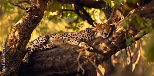 A cheetah resting in the shade of a tree