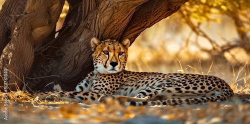 A cheetah resting in the shade of a tree