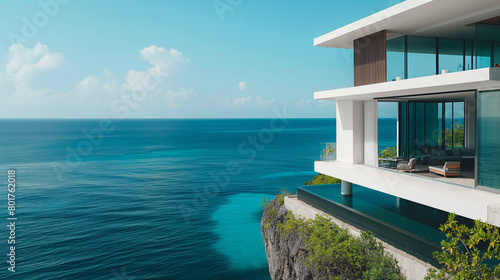 A white modern mansion with large glass windows overlooking the ocean in Bali, on top of cliff, wide shot, blue sky, blue sea, green plants © moises
