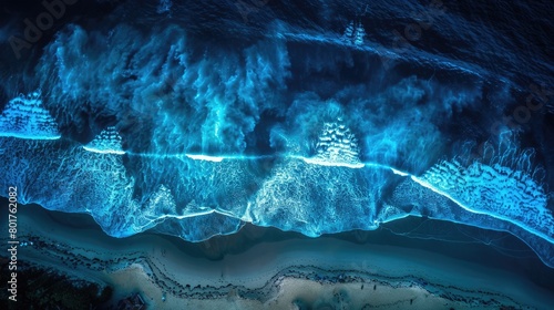 An electric blue wave crashing on a beach at night, creating a captivating natural landscape in the darkness with the mountain range in the background AIG50