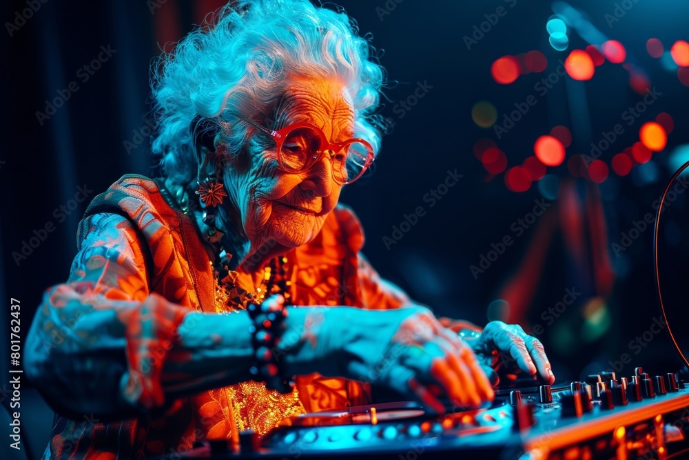 Obraz premium Senior grandmother spinning electro tunes on a turntable, showcasing a vibrant and energetic lifestyle in her golden years. The dynamic concept of enjoying life to the fullest in colorful ways.