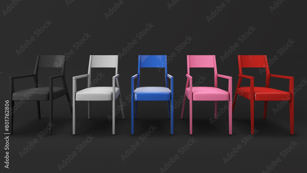 Obraz premium Several multi-colored chairs on a black background.,3d rendering