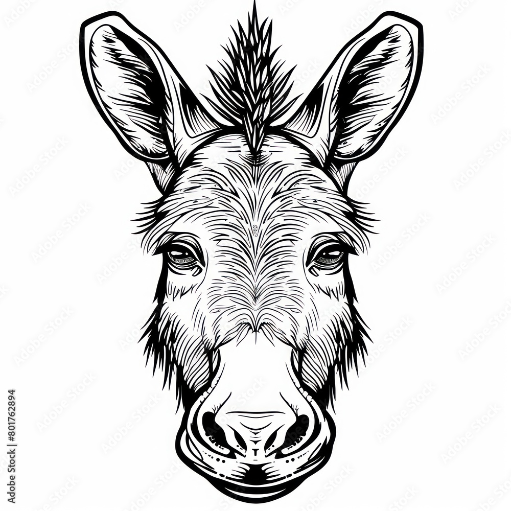 donkey face hand draw line, logo designblack and white, white background