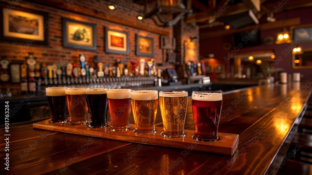 Rows of assorted beer flights on a dark mahogany bar, each offering unique aromas and flavors, inviting patrons to a tasting adventure.