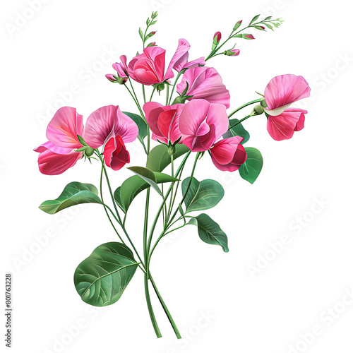 Clipart illustration a sweet pea flower and leaves on white background. Suitable for crafting and digital design projects. A-0006 