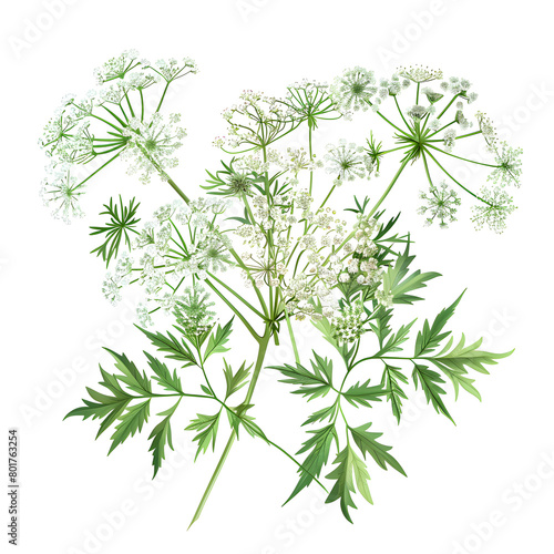 Clipart illustration a queen anne's lace flower and leaves on white background. Suitable for crafting and digital design projects.[A-0003]