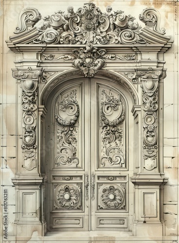 palace large door  rococo details  white and bronze  drawing art line
