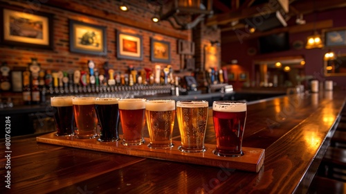 Rows of assorted beer flights on a dark mahogany bar, each offering unique aromas and flavors, inviting patrons to a tasting adventure. photo
