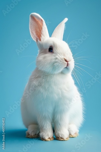An adorable Easter bunny, a fluffy white rabbit, sits patiently against a serene blue backdrop, perfect for celebrating the holiday and creating festive greeting cards.