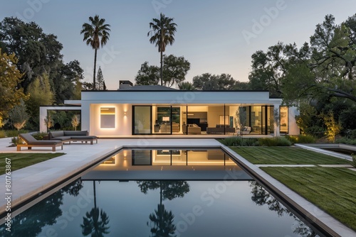Sleek Modern Home with Architectural Lighting and Reflective Pool, Evening Elegance © Sara_P