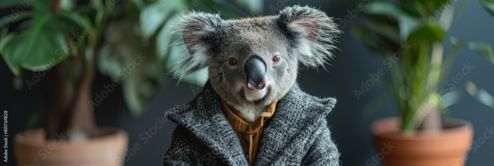 Obraz premium Stylish Koala in Elegant Tweed Jacket Posing Beside Potted Plants