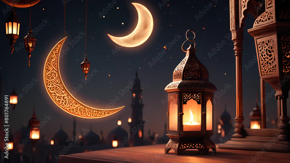 Lantern, Ramadan, incense, crescent moon, Islamic atmosphere, magic of reassurance, realistic, 4K, HD Lantern, Ramadan, incense, crescent moon, Islamic atmosphere, magic of reassurance, realistic, 4K, HD